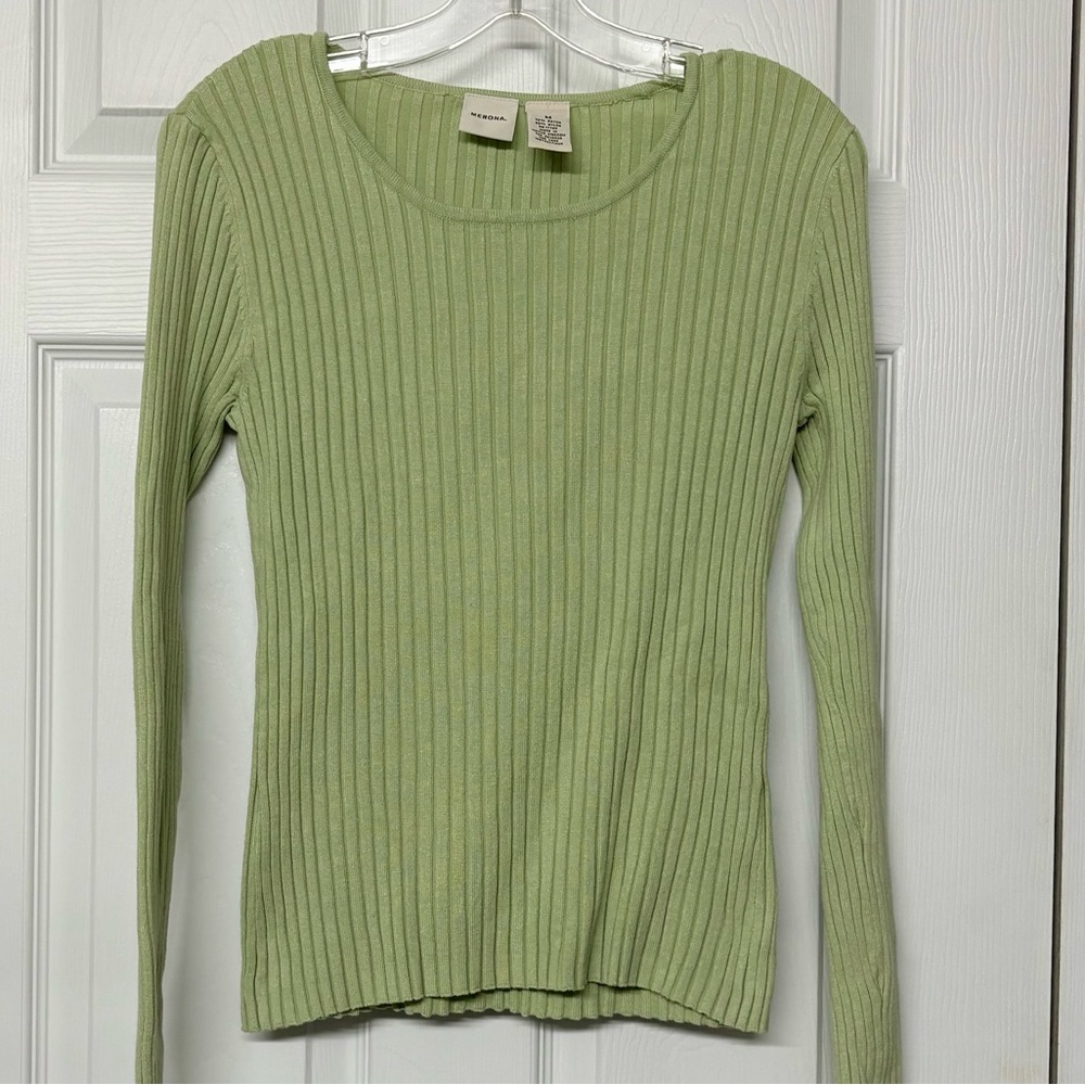Merona Stretchy Ribbed Green Long Sleeve T Shirt Top Sz M